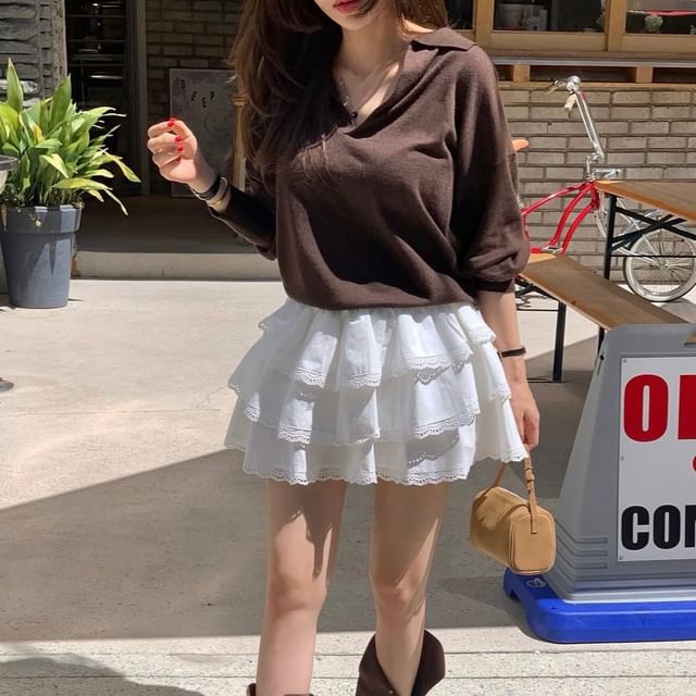 Moon City-Long Sleeve V-Neck Collared Plain Knit Top