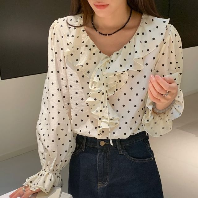 Moon City-Long Sleeve V-Neck Dotted Ruffle Blouse