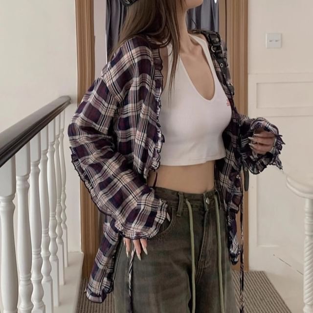 Moon City-Long-Sleeve V-Neck Plaid Blouse