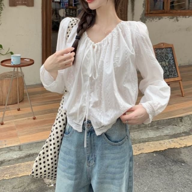 Moon City-Long-Sleeve V-Neck Plain Blouse