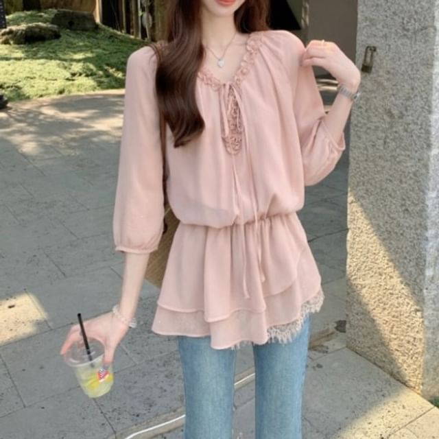 Moon City-Long-Sleeve V-Neck Plain Ruffle Trim Blouse