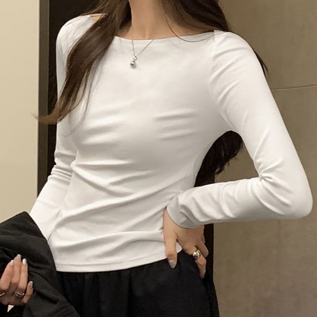 Moon City-M Long Sleeve Boat Neck Plain Tee