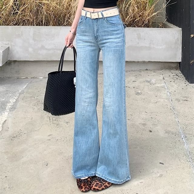 Moon City-Mid Rise Embroidered Washed Flared Jeans