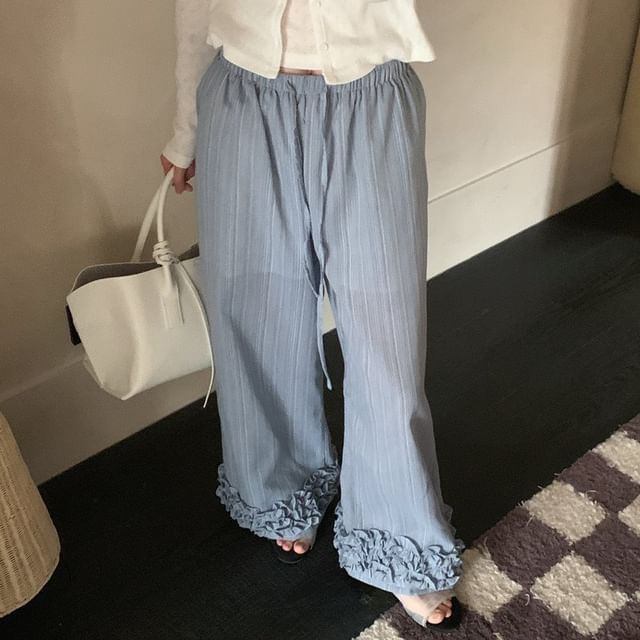 Moon City-Mid Rise Plain Ruffled Wide Leg Pants