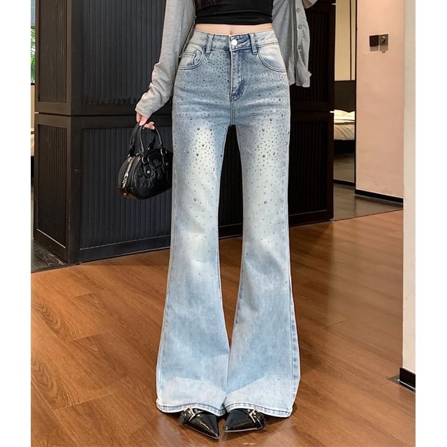 Moon City-Mid Rise Washed Rhinestone Flared Jeans