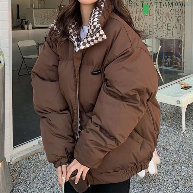 Moon City-Mock Neck Plaid Lining Puffer Jacket