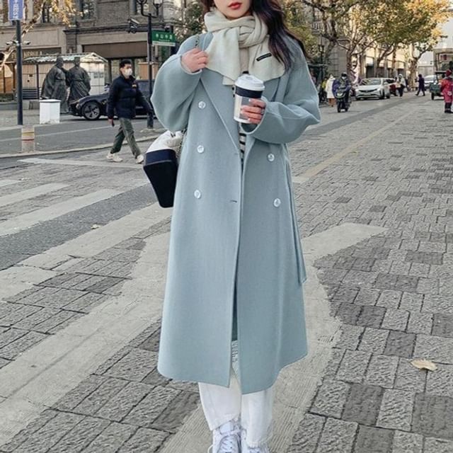 Moon City-Notch Lapel Double-Breasted Plain Long Coat