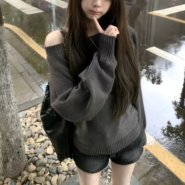 Moon City-Off Shoulder Plain Sweater