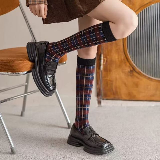 Moon City-Plaid Contrast Trim Knee High Socks