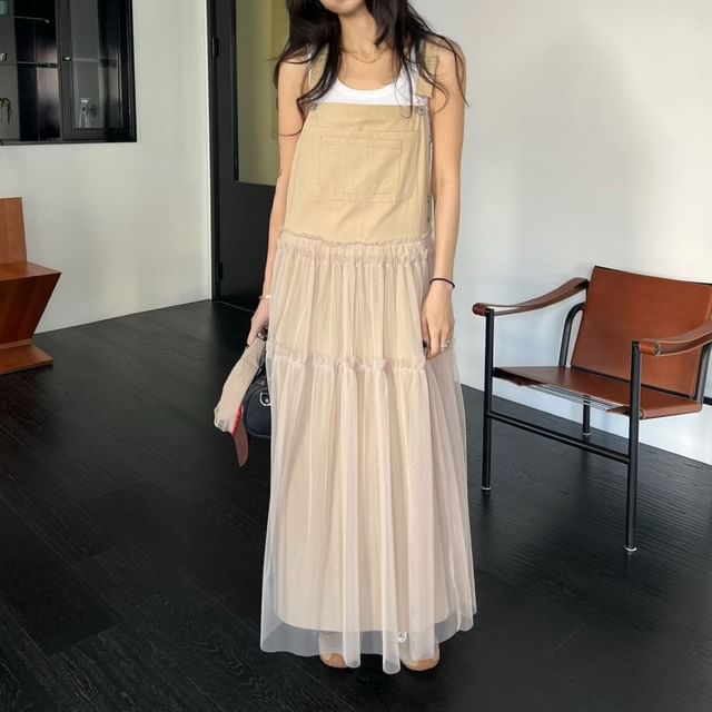 Moon City-Plain Panel Mesh Maxi A-Line Overall Dress