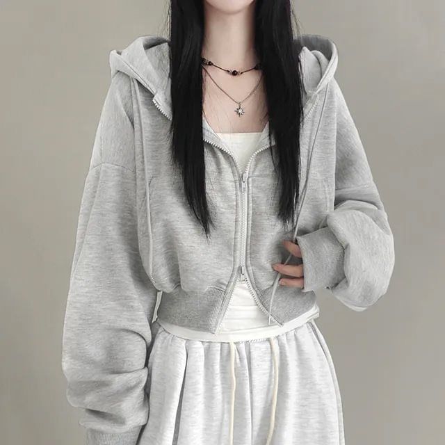 Moon City-Plain Zip-Up Crop Hoodie