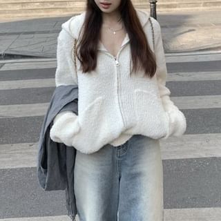 Moon City-Plain Zip-Up Knit Hoodie