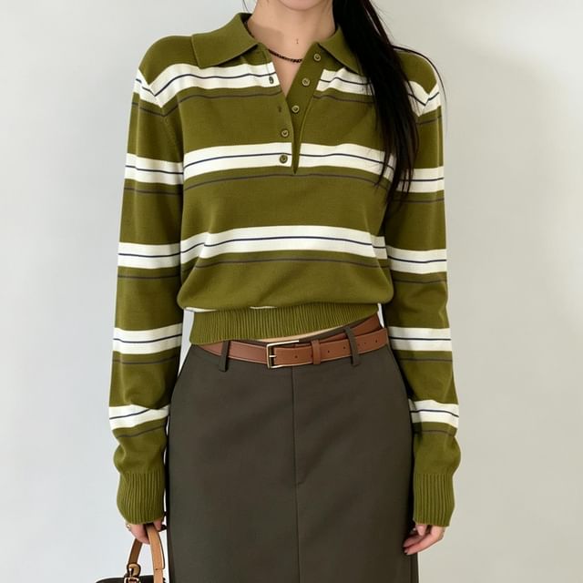 Moon City-Polo Collar Striped Knit Sweater