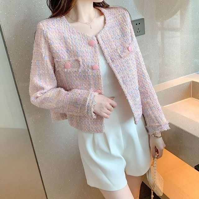 Moon City-Round Neck Fringed Tweed Button Jacket