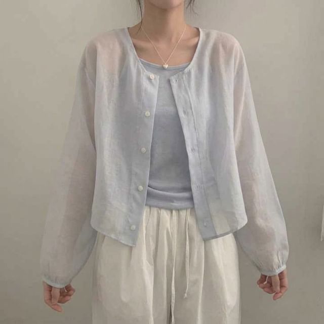 Moon City-Set Crew Neck Button-Up Plain Light Jacket Camisole Top