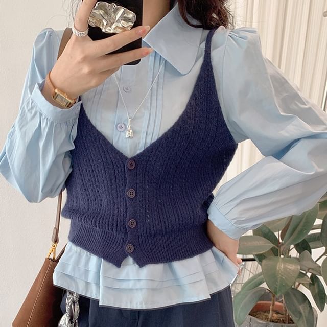Moon City - Set: Long-Sleeve Collared Plain Ruffle Trim Blouse ...