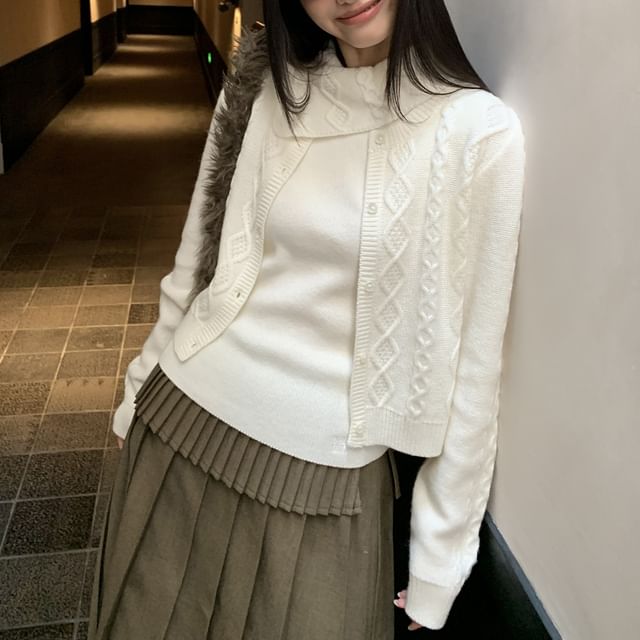 Moon City-Set Plain Button-Up Cardigan Knit Sweater Vest