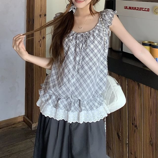 Moon City-Set Sleeveless Halter Plaid Ruffle Panel Top Scrunchie