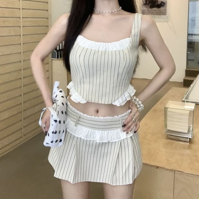 Moon City-Set Square Neck Patterned Contrast Frill Trim Crop Tank Top Mid Rise Pleated Mini A-Line Skirt