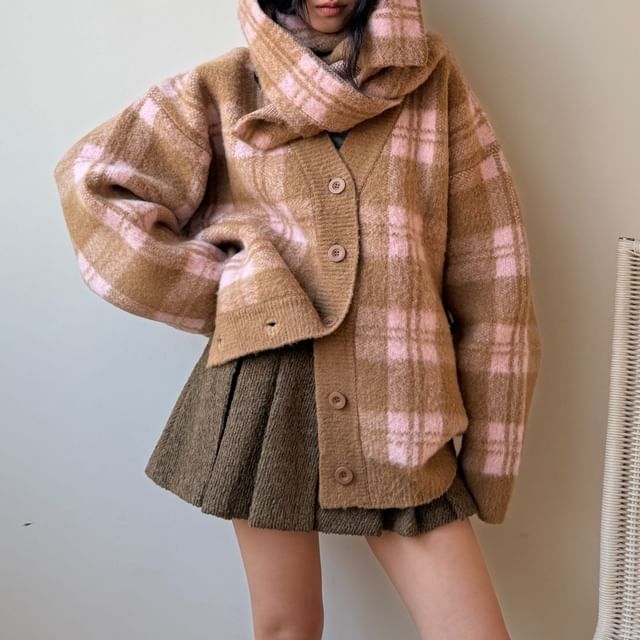Moon City-Set V-Neck Plaid Button Up Cardigan Scarf
