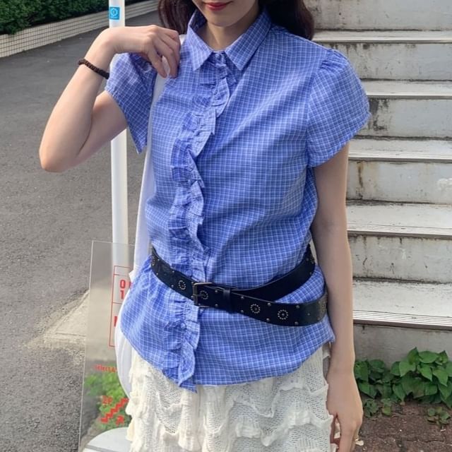 Moon City-Short-Sleeve Collared Frill Trim Button-Up Blouse