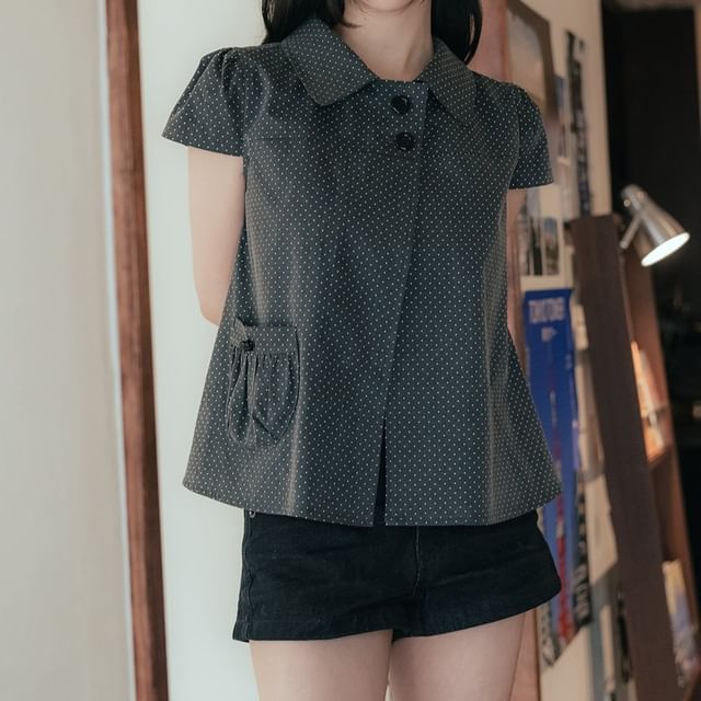 Moon City-Short-Sleeve Collared Micro Dot Button-Up Slit Blouse