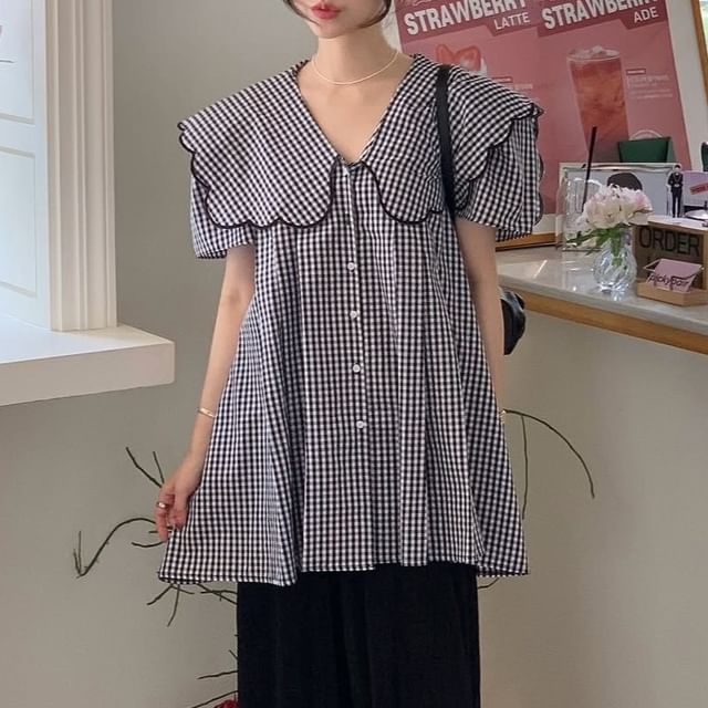 Moon City-Short-Sleeve Collared Plaid Blouse