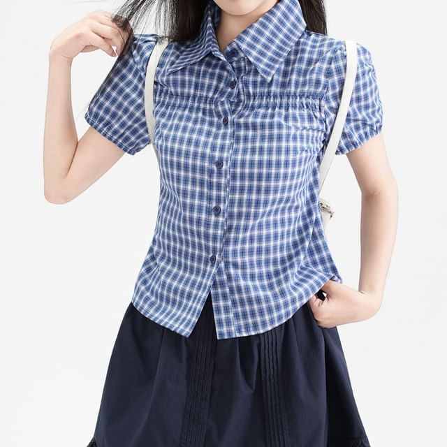 Moon City-Short Sleeve Collared Plaid Button Up Shirt