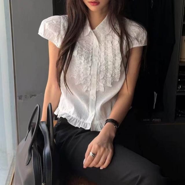 Moon City-Short-Sleeve Collared Plain Ruffle Trim Button Up Blouse