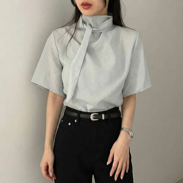 Moon City-Short-Sleeve Mock Neck Plain Blouse