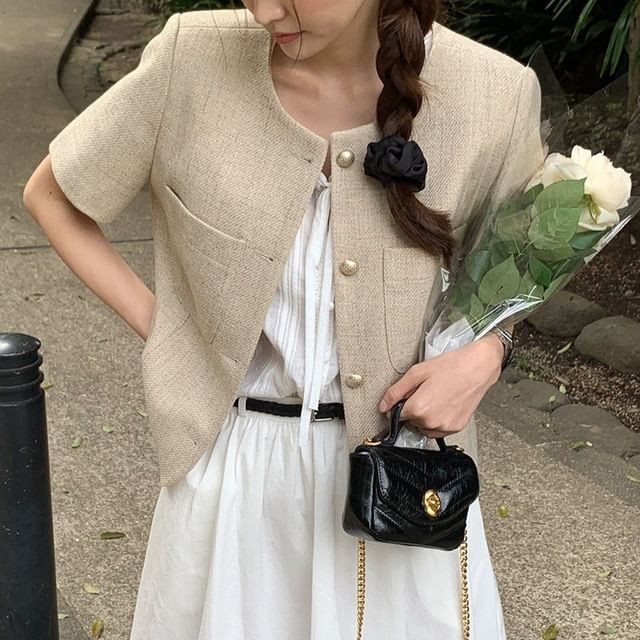 Moon City-Short-Sleeve Round Neck Plain Button Up Jacket