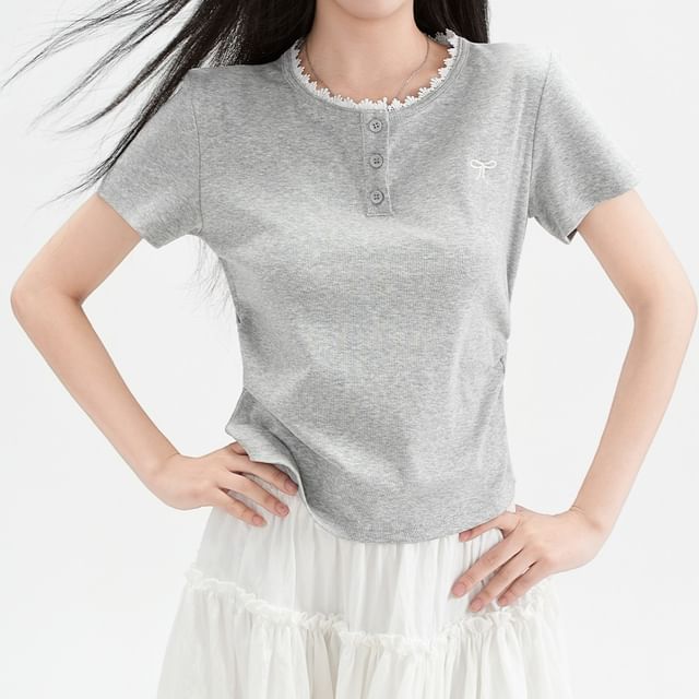 Moon City-Short-Sleeve Round Neck Plain Henley Tee