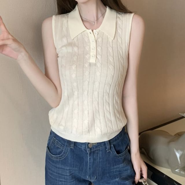 Moon City-Sleeveless Collared Plain Button Cable Knit Top