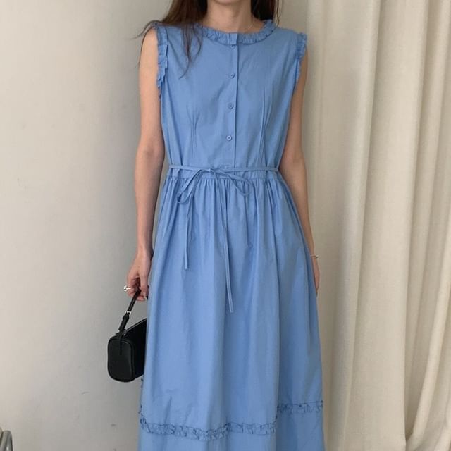 Moon City-Sleeveless Crew Neck Frill Trim Half-Buttoned Plain Midi A-Line Dress