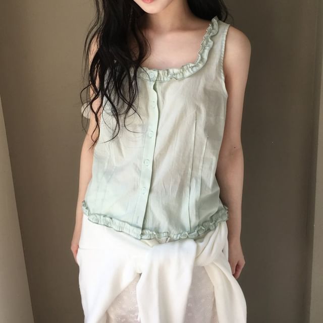 Moon City-Sleeveless Scoop Neck Plain Ruffle Top