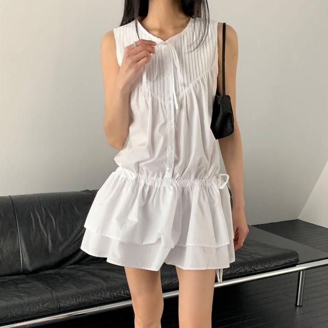 Moon City-Sleeveless Tie Neck Plain Pintuck Drawstring Button Mini A-Line Dress