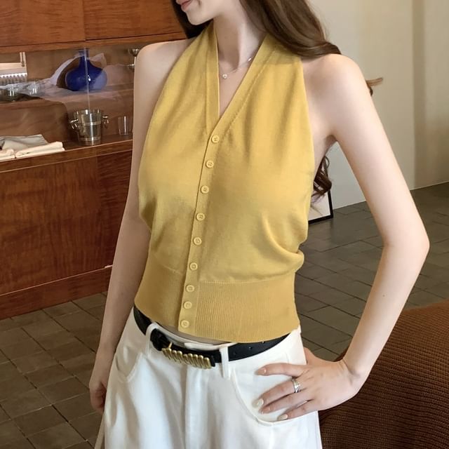 Moon City-Sleeveless V-Neck Plain Button Up Knit Top
