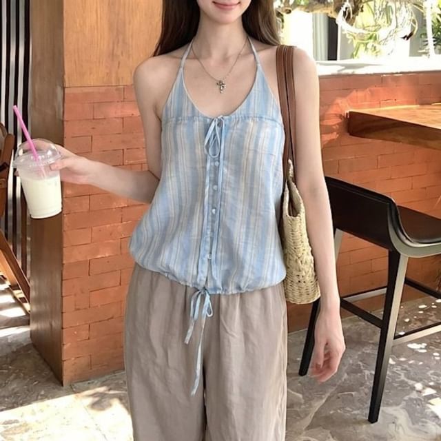 Moon City-Spaghetti Strap Halter Neck Striped Button Up Top
