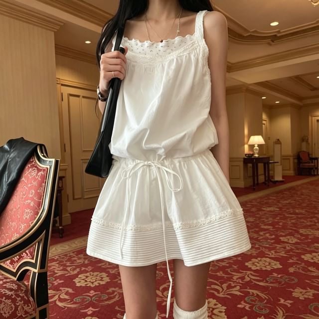 Moon City-Spaghetti Strap Square Neck Plain Tie Waist Mini A-Line Dress