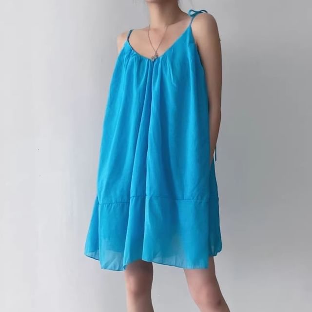 Moon City-Spaghetti Strap V-Neck Plain Open Back A-Line Dress