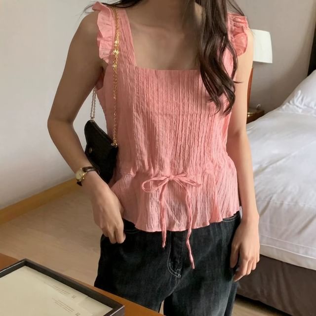 Moon City-Square Neck Plain Frill Trim Drawstring Crop Tank Top