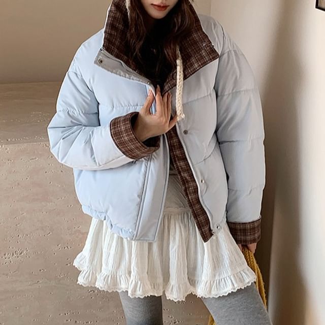 Moon City-Stand Collar Plaid Panel Zip-Up Puffer Jacket