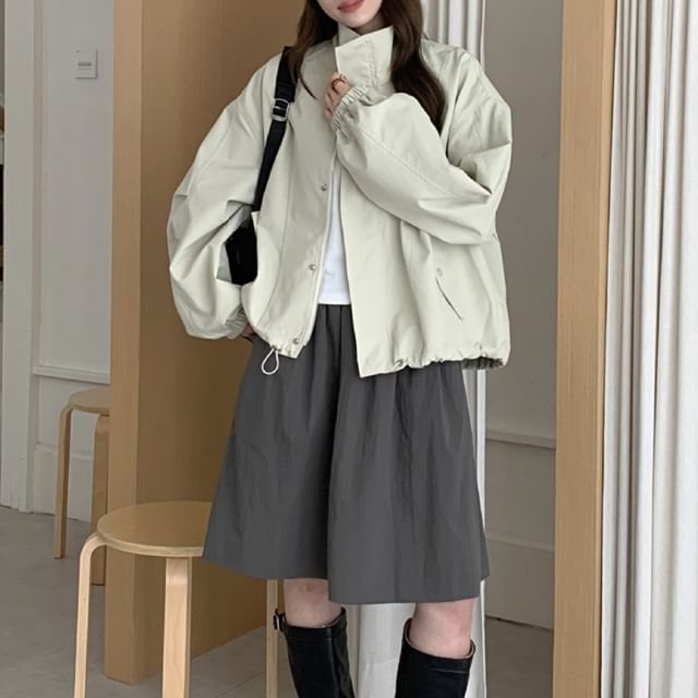 Moon City-Stand Collar Plain Cropped Zip Jacket
