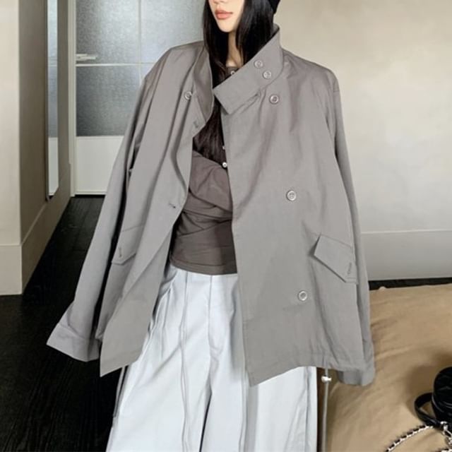 Moon City-Stand Collar Plain Double Breasted Trench Jacket Long Sleeve Henley Plain T-Shirt Mid Rise Plain Baggy Pants
