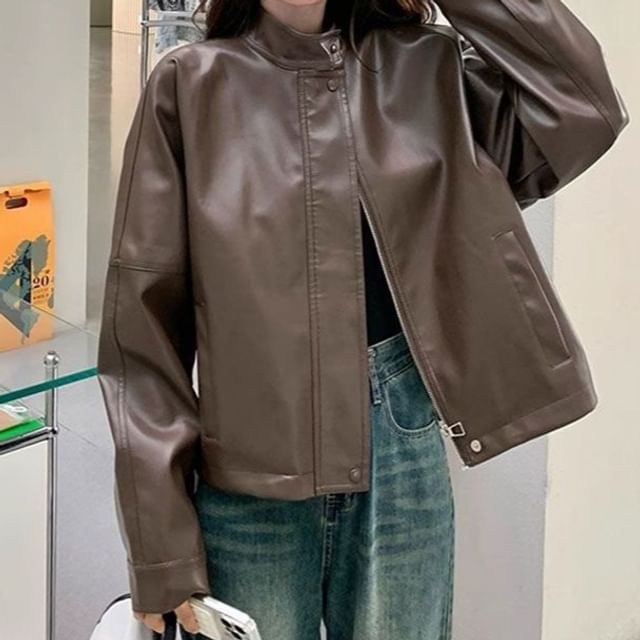 Moon City-Stand Collar Plain Faux Leather Zip Jacket