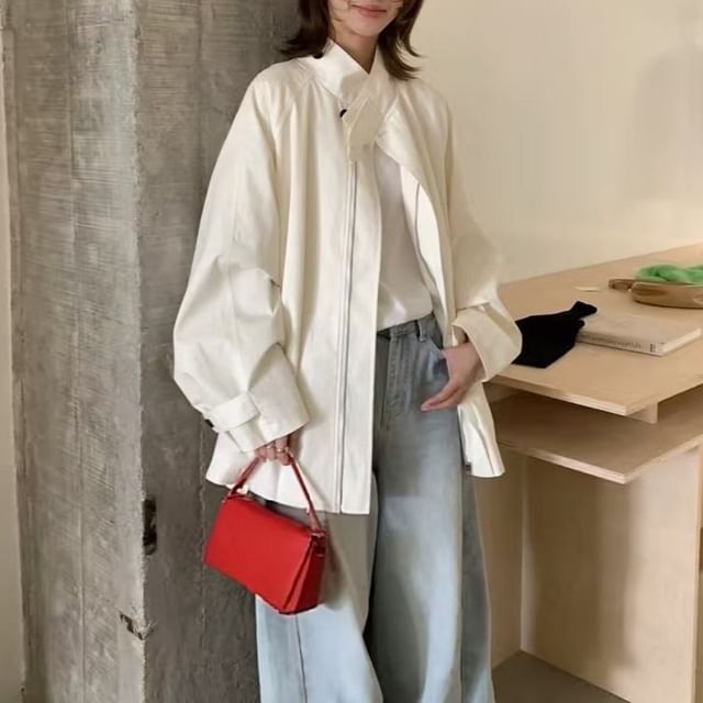 Moon City-Stand Collar Plain Zip Trench Jacket