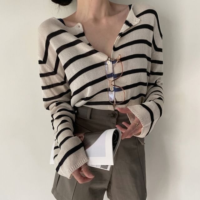 Moon City-Striped Button-Up Cardigan
