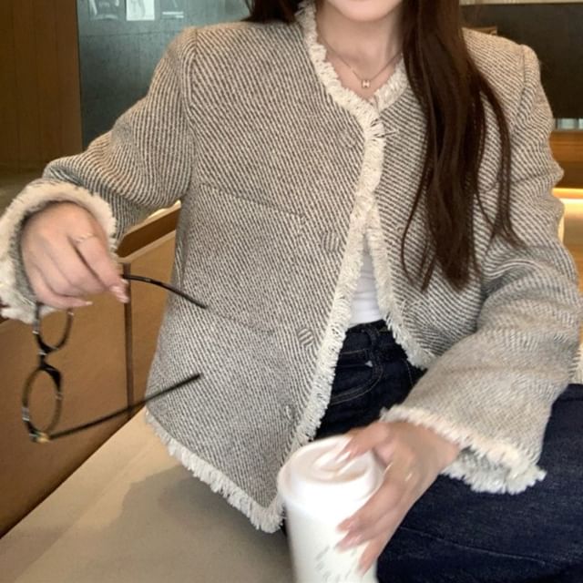 Moon City-Striped Fringed Tweed Button Jacket