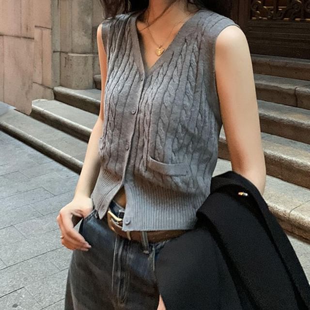Moon City-V-Neck Button-Up Plain Cable Knit Sweater Vest