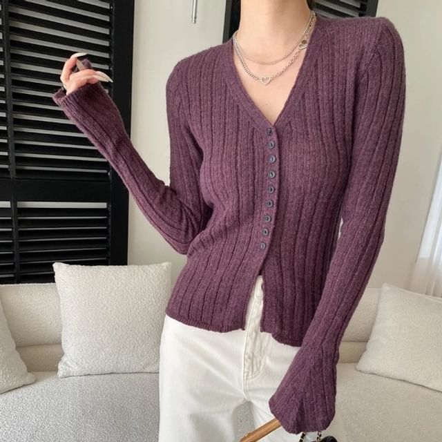 Moon City-V-Neck Button-Up Plain Cardigan